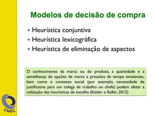 Modelos de decisão de compra
—  Heurística conjuntiva
—  Heurística lexicográfica
—  Heurística de eliminação de aspectos
O conhecimento da marca ou do produto, a quantidade e a
semelhança de opções de marca e pressões de tempo existentes,
bem como o contexto social (por exemplo, necessidade de
justificativa para um colega de trabalho ou chefe) podem afetar a
utilização das heurísticas de escolha (Kotler e Keller, 2012)
 