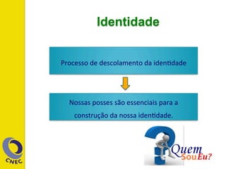 Nossas	
  posses	
  são	
  essenciais	
  para	
  a	
  
construção	
  da	
  nossa	
  iden;dade.	
  	
  
Processo	
  de	
  descolamento	
  da	
  iden;dade	
  
Identidade
 