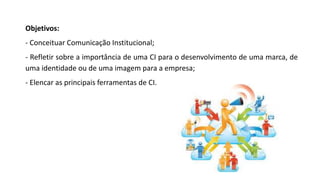 Objetivos:
- Conceituar Comunicação Institucional;
- Refletir sobre a importância de uma CI para o desenvolvimento de uma marca, de
uma identidade ou de uma imagem para a empresa;
- Elencar as principais ferramentas de CI.
 