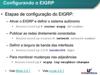 Configurando o EIGRP
•
• Etapas de configuração do EIGRP:
Etapas de configuração do EIGRP:
– Ativar o EIGRP e definir o sistema autônomo
• Router(config)# router eigrp
router eigrp AS
AS-
-number
number
( g) g p
g p
– Publicar as redes diretamente conectadas
( fi )# t k
t k k
k b
b
• Router(config-router)# network
network network
network-
-number
number
– Definir a largura de banda das interfaces
• Router(config-if)# bandwidth
bandwidth kbps
kbps
– Para monitorar mudanças nas adjacências
– Para monitorar mudanças nas adjacências
• Router(config)# eigrp log
eigrp log-
-neighbor
neighbor-
-changes
changes
11
• Vide Mídia 3.2.1 • Vide e-Lab 3.2.1
 