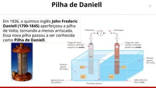 12
Pilha de Daniell
Em 1836, o químico inglês John Frederic
Daniell (1790-1845) aperfeiçoou a pilha
de Volta, tornando-a menos arriscada.
Essa nova pilha passou a ser conhecida
como Pilha de Daniell.
 
