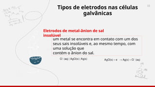 18
Tipos de eletrodos nas células
galvânicas
Eletrodos de metal-ânion de sal
insolúvel
um metal se encontra em contato com um dos
seus sais insolúveis e, ao mesmo tempo, com
uma solução que
contém o ânion do sal.
 