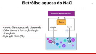 38
Eletrólise aquosa do NaCl
Na eletrólise aquosa do cloreto de
sódio, temos a formação de gás
hidrogênio
(H2) e gás cloro (Cl2).
 