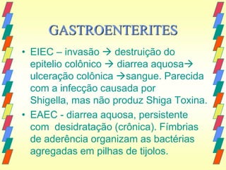 GASTROENTERITES
• EIEC – invasão  destruição do
  epitelio colônico  diarrea aquosa
  ulceração colônica sangue. Parecida
  com a infecção causada por
  Shigella, mas não produz Shiga Toxina.
• EAEC - diarrea aquosa, persistente
  com desidratação (crônica). Fímbrias
  de aderência organizam as bactérias
  agregadas em pilhas de tijolos.
 