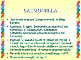 SALMONELLA
• Salmonella enterica (subsp enterica), e Shige
  bongori.
• Sorotipos: S. typhi, Salmonella paratyphi (só em
  humanos), S. typhymurium, Salmonella
  enteritidis, Salmonella choleraesuis(grave em
  humanos).
• Ingestão  Invasão de cél M (placas de Peyer) 
  invasão da mucosa intestinal (se replicam dentro do
  vacúolo fagocítico)  invasão sistêmica (sobrevivem
  dentro de macrófagos)  causam apoptose celular
• Gene de tolerância ao ácido do estômago – ATR
• Sistema de secreção do tipo III
 