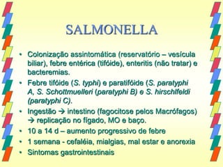 SALMONELLA
• Colonização assintomática (reservatório – vesícula
  biliar), febre entérica (tifóide), enteritis (não tratar) e
  bacteremias.
• Febre tifóide (S. typhi) e paratifóide (S. paratyphi
  A, S. Schottmuelleri (paratyphi B) e S. hirschlfeldi
  (paratyphi C).
• Ingestão  intestino (fagocitose pelos Macrófagos)
   replicação no fígado, MO e baço.
• 10 a 14 d – aumento progressivo de febre
• 1 semana - cefaléia, mialgias, mal estar e anorexia
• Sintomas gastrointestinais
 