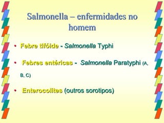 Salmonella – enfermidades no
               homem
• Febre tifóide - Salmonella Typhi

• Febres entéricas - Salmonella Paratyphi (A,
  B, C)


• Enterocolites (outros sorotipos)
 