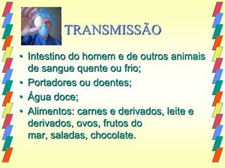 TRANSMISSÃO
• Intestino do homem e de outros animais
  de sangue quente ou frio;
• Portadores ou doentes;
• Água doce;
• Alimentos: carnes e derivados, leite e
  derivados, ovos, frutos do
  mar, saladas, chocolate.
 