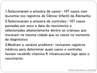 Sandra Lago Moraes, maio/2012
1.Selecionaram a amostra de casos- 107 casos com
leucemia nos registros de Câncer Infantil da Alemanha
2.Selecionaram a amostra de controles- 107 casos
pareadas por sexo e data de nascimento e
selecionadas aleatoriamente dentre as crianças que
moravam na mesma cidade que os casos no momento
do diagnóstico
3.Mediram a variável preditora- revisaram registros
médicos para determinar quais casos e controles
haviam recebido vitamina K intramuscular logo após o
nascimento
 