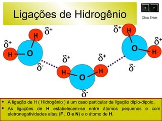 Ligações de Hidrogênio 
O 
H 
H 
d+ d+ 
H H O 
O 
H 
H 
d+ 
d- 
d+ 
d+ d+ 
d- d- 
Clica Enter 
 A ligação de H ( Hidrogênio ) é um caso particular da ligação diplo-dipolo. 
 As ligações de H estabelecem-se entre átomos pequenos e com 
eletronegatividades altas (F , O e N) e o átomo de H. 
 