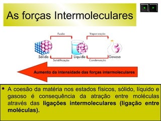 As forças Intermoleculares 
Aumento da intensidade das forças intermoleculares 
 A coesão da matéria nos estados físicos, sólido, líquido e 
gasoso é consequência da atração entre moléculas 
através das ligações intermoleculares (ligação entre 
moléculas). 
 
