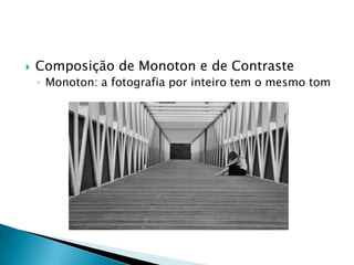 Ainda, a fotografia estará bem enquadrada sob essa regra se o elemento principal situar no encontro das partesLeitura da imagem: olhar ocidentalNosso olhar é condicionado pelo modo de escrita e leitura, ou seja, da esquerda para a direitaQuando observamos uma foto, a tendência é fazer uma leitura desta imagem no sentido horizontal, da esquerda para a direitaEste fato deve ser levado em conta na hora que vamos fazer a composição de uma fotografiaUsando este conhecimento, podemos construir imagens que tenham dinâmica e movimento