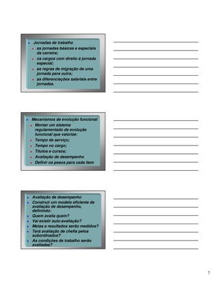 Jornadas de trabalho
 as jornadas básicas e especiais
 da carreira;
 os cargos com direito à jornada
 especial;
 as regras de migração de uma
 jornada para outra;
 as diferenciações salariais entre
 jornadas.




Mecanismos de evolução funcional
 Montar um sistema
 regulamentado de evolução
 funcional que valorize:
 Tempo de serviço;
 Tempo no cargo;
 Títulos e cursos;
 Avaliação de desempenho
 Definir os pesos para cada item




Avaliação de desempenho
Construir um modelo eficiente de
avaliação de desempenho,
definindo:
Quem avalia quem?
Vai existir auto-avaliação?
Metas e resultados serão medidos?
Terá avaliação de chefia pelos
subordinados?
As condições de trabalho serão
avaliadas?




                                     7
 