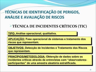 TÉCNICAS DE IDENTIFICAÇÃO DE PERIGOS,
ANÁLISE E AVALIAÇÃO DE RISCOS
  TÉCNICA DE INCIDENTES CRÍTICOS (TIC)

 TIPO: Análise operacional, qualitativa.
 TIPO: Análise operacional, qualitativa.
 APLICAÇÃO: Fase operacional de sistemas e tratamento dos
  APLICAÇÃO: Fase operacional de sistemas e tratamento dos
 riscos que representam.
  riscos que representam.
 OBJETIVOS: Detecção de Incidentes e Tratamento dos Riscos
 OBJETIVOS: Detecção de Incidentes e Tratamento dos Riscos
 que representam.
 que representam.
 PRINCÍPIOS/METODOLOGIA: Obtenção de dados sobre os
  PRINCÍPIOS/METODOLOGIA: Obtenção de dados sobre os
 incidentes críticos através de entrevistas com “observadores-
  incidentes críticos através de entrevistas com “observadores-
 participantes” de uma amostra aleatória estratificada.
  participantes” de uma amostra aleatória estratificada.

                                                                  18
 