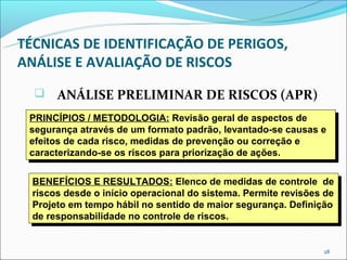 TÉCNICAS DE IDENTIFICAÇÃO DE PERIGOS,
ANÁLISE E AVALIAÇÃO DE RISCOS
      ANÁLISE PRELIMINAR DE RISCOS (APR)
 PRINCÍPIOS //METODOLOGIA: Revisão geral de aspectos de
  PRINCÍPIOS METODOLOGIA: Revisão geral de aspectos de
 segurança através de um formato padrão, levantado-se causas e
  segurança através de um formato padrão, levantado-se causas e
 efeitos de cada risco, medidas de prevenção ou correção e
  efeitos de cada risco, medidas de prevenção ou correção e
 caracterizando-se os riscos para priorização de ações.
  caracterizando-se os riscos para priorização de ações.

  BENEFÍCIOS E RESULTADOS: Elenco de medidas de controle de
   BENEFÍCIOS E RESULTADOS: Elenco de medidas de controle de
  riscos desde o início operacional do sistema. Permite revisões de
   riscos desde o início operacional do sistema. Permite revisões de
  Projeto em tempo hábil no sentido de maior segurança. Definição
   Projeto em tempo hábil no sentido de maior segurança. Definição
  de responsabilidade no controle de riscos.
   de responsabilidade no controle de riscos.


                                                                 28
 