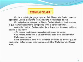 EXEMPLO DE APR
      Conta a mitologia grega que o Rei Minos, de Creta, mandou
aprisionar Dédalo e seu filho Ícaro, na parte montanhosa da ilha.
      Com objetivo de escapar da Grécia Dédalo idealizou fabricar asas;
o que fez habilidosamente com penas, linho e cera de abelhas.
      Antes da partida, Dédalo advertiu a Ícaro que tomasse cuidado
quanto a seu curso:
      • Se voasse muito baixo, as ondas molhariam as penas;
      • Se voasse muito alto, o sol derreteria a cera e ele cairia no mar;
      E ele cairia no mar!
      Essa advertência, uma das primeiras análises de riscos que se
pode citar, define o que hoje chama-se Análise Preliminar de Riscos -
APR.




                                                                             34
 