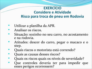 EXERCÍCIO
               Considere e Atividade
        Risco para troca de pneu em Rodovia

   Utilizar a planilha da APR.
   Analisar os riscos.
   Situação: sozinho no seu carro, no acostamento
    e na rodovia.
   Atitudes: descer do carro, pegar o macaco e o
    step.
   Quais riscos o motorista está correndo?
   Quais as causas desses riscos?
   Quais os riscos quais os níveis de severidade?
   Que controles deveria ter para impedir que
    esses perigos ocorressem?
 