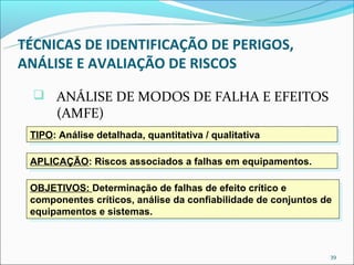 TÉCNICAS DE IDENTIFICAÇÃO DE PERIGOS,
ANÁLISE E AVALIAÇÃO DE RISCOS
   ANÁLISE DE MODOS DE FALHA E EFEITOS
      (AMFE)
 TIPO: Análise detalhada, quantitativa //qualitativa
 TIPO: Análise detalhada, quantitativa qualitativa

 APLICAÇÃO: Riscos associados a falhas em equipamentos.
 APLICAÇÃO: Riscos associados a falhas em equipamentos.

 OBJETIVOS: Determinação de falhas de efeito crítico e
  OBJETIVOS: Determinação de falhas de efeito crítico e
 componentes críticos, análise da confiabilidade de conjuntos de
  componentes críticos, análise da confiabilidade de conjuntos de
 equipamentos e sistemas.
  equipamentos e sistemas.



                                                                39
 