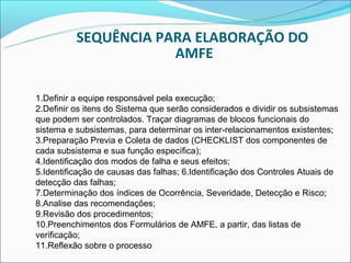 SEQUÊNCIA PARA ELABORAÇÃO DO
                      AMFE

1.Definir a equipe responsável pela execução;
2.Definir os itens do Sistema que serão considerados e dividir os subsistemas
que podem ser controlados. Traçar diagramas de blocos funcionais do
sistema e subsistemas, para determinar os inter-relacionamentos existentes;
3.Preparação Previa e Coleta de dados (CHECKLIST dos componentes de
cada subsistema e sua função específica);
4.Identificação dos modos de falha e seus efeitos;
5.Identificação de causas das falhas; 6.Identificação dos Controles Atuais de
detecção das falhas;
7.Determinação dos índices de Ocorrência, Severidade, Detecção e Risco;
8.Analise das recomendações;
9.Revisão dos procedimentos;
10.Preenchimentos dos Formulários de AMFE, a partir, das listas de
verificação;
11.Reflexão sobre o processo
 
