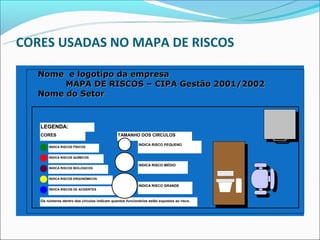 CORES USADAS NO MAPA DE RISCOS

   Nome e logotipo da empresa
        MAPA DE RISCOS – CIPA Gestão 2001/2002
   Nome do Setor



   LEGENDA:
   CORES                                      TAMANHO DOS CIRCULOS

                                                          INDICA RISCO PEQUENO
       INDICA RISCOS FÍSICOS


       INDICA RISCOS QUÍMICOS

                                                          INDICA RISCO MÉDIO
       INDICA RISCOS BIOLÓGICOS


       INDICA RISCOS ERGONÔMICOS

                                                          INDICA RISCO GRANDE
       INDICA RISCOS DE ACIDENTES


   Os números dentro dos círculos indicam quantos funcionários estão expostos ao risco.
 