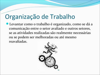 Organização de Trabalho
Levantar como o trabalho é organizado, como se dá a
 comunicação entre o setor avaliado e outros setores,
 se as atividades realizadas são realmente necessárias
 ou se podem ser melhoradas ou até mesmo
 reavaliadas.
 