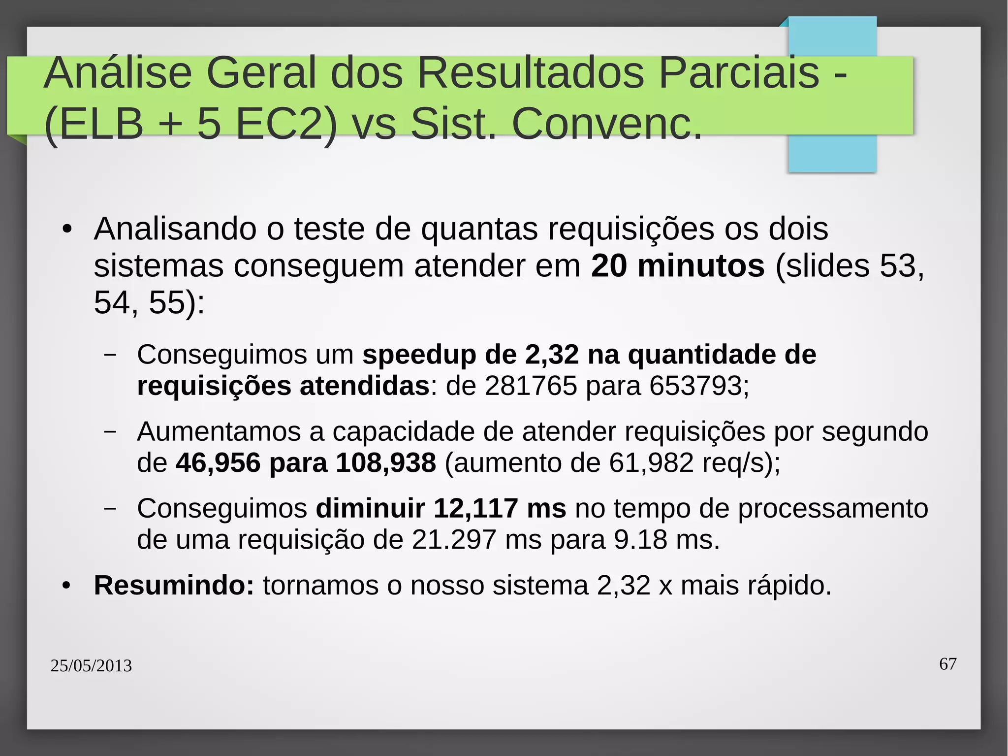 25/05/2013 67
Análise Geral dos Resultados Parciais -
(ELB + 5 EC2) vs Sist. Convenc.
● Analisando o teste de quantas requisições os dois
sistemas conseguem atender em 20 minutos (slides 53,
54, 55):
– Conseguimos um speedup de 2,32 na quantidade de
requisições atendidas: de 281765 para 653793;
– Aumentamos a capacidade de atender requisições por segundo
de 46,956 para 108,938 (aumento de 61,982 req/s);
– Conseguimos diminuir 12,117 ms no tempo de processamento
de uma requisição de 21.297 ms para 9.18 ms.
● Resumindo: tornamos o nosso sistema 2,32 x mais rápido.
 