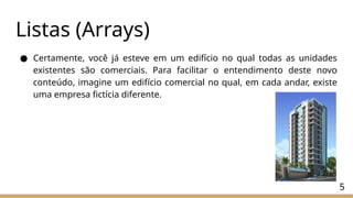 Listas (Arrays)
● Certamente, você já esteve em um edifício no qual todas as unidades
existentes são comerciais. Para facilitar o entendimento deste novo
conteúdo, imagine um edifício comercial no qual, em cada andar, existe
uma empresa fictícia diferente.
5
 