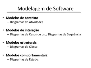 Modelagem de Software
• Modelos de contexto
– Diagramas de Atividades
• Modelos de interação
– Diagramas de Casos de uso, Diagramas de Sequência
• Modelos estruturais
– Diagramas de Classe
• Modelos comportamentais
– Diagramas de Estado
 
