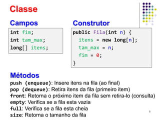 Classe
push (enqueue): Insere itens na fila (ao final)
pop (dequeue): Retira itens da fila (primeiro item)
front: Retorna o próximo item da fila sem retira-lo (consulta)
empty: Verifica se a fila esta vazia
full: Verifica se a fila esta cheia
size: Retorna o tamanho da fila
Métodos
Campos Construtor
public Fila(int n) {
itens = new long[n];
tam_max = n;
fim = 0;
}
int fim;
int tam_max;
long[] itens;
5
 