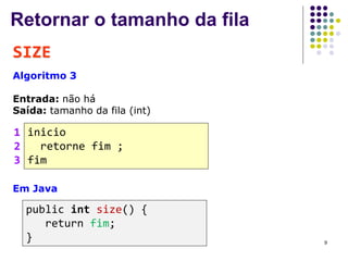 Retornar o tamanho da fila
SIZE
Algoritmo 3
Entrada: não há
Saída: tamanho da fila (int)
inicio
retorne fim ;
fim
1
2
3
Em Java
public int size() {
return fim;
} 9
 