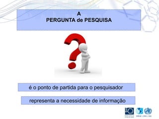 é o ponto de partida para o pesquisador
representa a necessidade de informação
A
PERGUNTA de PESQUISA
 