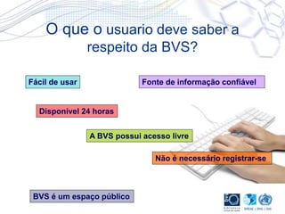 O que o usuario deve saber a
respeito da BVS?
Fácil de usar Fonte de informação confiável
BVS é um espaço público
A BVS possui acesso livre
Não é necessário registrar-se
Disponível 24 horas
 
