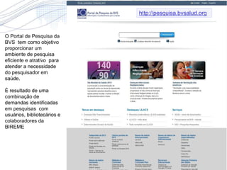 O Portal de Pesquisa da
BVS tem como objetivo
proporcionar um
ambiente de pesquisa
eficiente e atrativo para
atender a necessidade
do pesquisador em
saúde.
É resultado de uma
combinação de
demandas identificadas
em pesquisas com
usuários, bibliotecários e
colaboradores da
BIREME
http://pesquisa.bvsalud.org
 