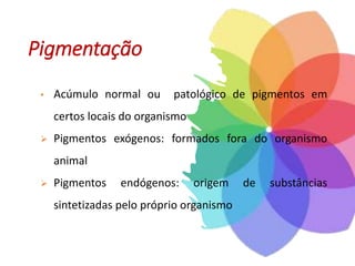 Pigmentação
• Acúmulo normal ou patológico de pigmentos em
certos locais do organismo
 Pigmentos exógenos: formados fora do organismo
animal
 Pigmentos endógenos: origem de substâncias
sintetizadas pelo próprio organismo
 