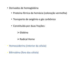 • Derivados de hemoglobina
• Proteína férrica da hemácia (coloração vermelha)
• Transporte de oxigênio e gás carbônico
• Constituída por duas frações:
Globina
Radical Heme
• Hemossiderina (interior da célula)
• Bilirrubina (fora das célula)
 