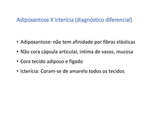 Adipoxantose X Icterícia (diagnóstico diferencial)
• Adipoxantose: não tem afinidade por fibras elásticas
• Não cora cápsula articular, intima de vasos, mucosa
• Cora tecido adiposo e fígado
• Icterícia: Coram-se de amarelo todos os tecidos
 