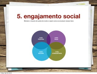 5. engajamento social
mídia
PRÓPRIA
mídia
PAGA
redes
SOCIAIS
mídia
CONQUISTADA
Montem o resumo de ações de vocês e vejam como se encaixam nesses itens
Friday, April 26, 2013
 