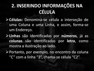 2. INSERINDO INFORMAÇÕES NA
CÉLULA
Células: Denomina-se célula a interseção de
uma Coluna e uma Linha, e assim, forma-se
um Endereço.
Linhas são identificadas por números, já as
colunas são identificadas por letra, como
mostra a ilustração ao lado.
Portanto, por exemplo, no encontro da coluna
“C” com a linha “2”, chama-se célula “C2”.
 