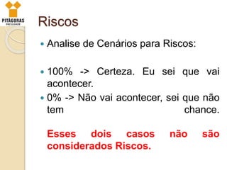 Riscos
 Analise de Cenários para Riscos:
 100% -> Certeza. Eu sei que vai
acontecer.
 0% -> Não vai acontecer, sei que não
tem chance.
Esses dois casos não são
considerados Riscos.
 
