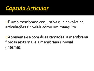 É uma membrana conjuntiva que envolve as 
articulações sinoviais como um manguito. 
Apresenta-se com duas camadas: a membrana 
fibrosa (externa) e a membrana sinovial 
(interna). 
 