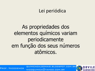 Lei periódica
As propriedades dos
elementos químicos variam
periodicamente
em função dos seus números
atômicos.
 