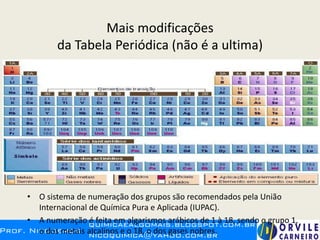 Mais modificações
da Tabela Periódica (não é a ultima)
• O sistema de numeração dos grupos são recomendados pela União
Internacional de Química Pura e Aplicada (IUPAC).
• A numeração é feita em algarismos arábicos de 1 à 18, sendo o grupo 1,
o dos metais alcalinos e o 18, o dos gases nobres.
 