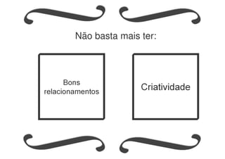 Bons
relacionamentos
Criatividade
Não basta mais ter:
 