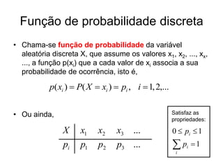 Função de probabilidade discreta
• Chama-se função de probabilidade da variável
  aleatória discreta X, que assume os valores x1, x2, ..., xx,
  ..., a função p(xi) que a cada valor de xi associa a sua
  probabilidade de ocorrência, isto é,

           p( xi )  P( X  xi )  pi , i  1, 2,...


• Ou ainda,                                            Satisfaz as
                                                       propriedades:

               X     x1    x2     x3   ...             0  pi  1
               pi    p1    p2     p3 ...               p
                                                        i
                                                            i   1
 