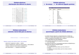 Orbitais atômicos: 
distribuição dos elétrons no átomo 
aparicio@iqm.unicamp.br QG101A – 2s/2014 Aula 7 - Orbital Molecular 5 / 35 
Orbitais atômicos: 
e− de caroço × e− de valência (ligação química) 
aparicio@iqm.unicamp.br QG101A – 2s/2014 Aula 7 - Orbital Molecular 6 / 35 
Orbitais moleculares: 
estende a teoria feita para os átomos 
orbitais do átomo/ orbitais da molécula 
Molécula: apenas outro sistema, porém, mais complexo 
• átomo de H: sistema de 1 próton + 1 elétron 
• átomos multieletrônicos: sistema de vários prótons + vários elétrons 
• molécula: sistema de vários átomos multieletrônicos 
• para cada sistema =) equação de Schrödinger 
aparicio@iqm.unicamp.br QG101A – 2s/2014 Aula 7 - Orbital Molecular 7 / 35 
Orbitais moleculares: 
aproximação a partir de orbitais atômicos 
• um orbital molecular descreve o comportamento de um elétron da 
molécula no campo elétrico gerado pelos núcleos e os outros elétrons 
• resolver a equação de Schrödinger para a molécula: 
=) situação ideal mas muito complicada 
• obter soluções aproximadas da equação de Schrödinger: 
=) útil e mais simples 
• ao contrário do átomo de H, as equações para átomos multieletrônicos e 
moléculas não oferecem soluções simples: 
• átomos multieletrônicos 
=) soluções aproximadas obtidas a partir dos orbitais do H 
• moléculas 
=) soluções aproximadas obtidas a partir dos orbitais de átomos 
multieletrônicos 
aparicio@iqm.unicamp.br QG101A – 2s/2014 Aula 7 - Orbital Molecular 8 / 35 
 