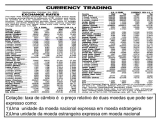 Cotação: taxa de câmbio é o preço relativo de duas moedas que pode ser
expresso como:
1)Uma unidade da moeda nacional expressa em moeda estrangeira
2)Uma unidade da moeda estrangeira expressa em moeda nacional
 