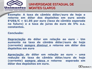 UNIVERSIDADE ESTADUAL DE
             MONTES CLAROS

Exemplo: A taxa de câmbio dólar/euro de hoje e
retorno em dólar dos depósitos em euro sendo
EeUS$/€ = $1.05 por euro (taxa de câmbio esperada
no futuro) e a taxa de juros do euro de 5% a.a.
constantes.

Conclusão:

Depreciação do dólar em relação ao euro - Um
aumento na taxa de câmbio dólar/euro de hoje
(corrente) sempre diminui o retorno em dólar dos
depósitos em euro

Apreciação do dólar em relação ao euro – uma
redução da taxa de câmbio dólar/euro de hoje
(corrente) sempre eleva o retorno esperado em
dólar dos depósitos em euro.
 