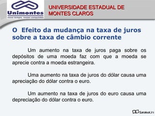 UNIVERSIDADE ESTADUAL DE
              MONTES CLAROS


O Efeito da mudança na taxa de juros
sobre a taxa de câmbio corrente

       Um aumento na taxa de juros paga sobre os
depósitos de uma moeda faz com que a moeda se
aprecie contra a moeda estrangeira.

       Uma aumento na taxa de juros do dólar causa uma
apreciação do dólar contra o euro.

      Um aumento na taxa de juros do euro causa uma
depreciação do dólar contra o euro.
 