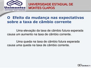 UNIVERSIDADE ESTADUAL DE
              MONTES CLAROS


O Efeito da mudança nas expectativas
sobre a taxa de câmbio corrente

      Uma elevação da taxa de câmbio futura esperada
causa um aumento na taxa de câmbio corrente.

      Uma queda na taxa de câmbio futura esperada
causa uma queda na taxa de câmbio corrente.
 