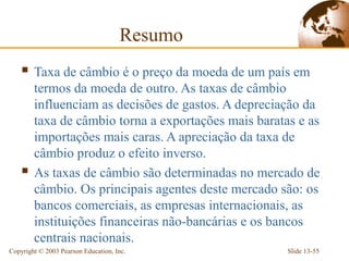 Resumo
     Taxa de câmbio é o preço da moeda de um país em
        termos da moeda de outro. As taxas de câmbio
        influenciam as decisões de gastos. A depreciação da
        taxa de câmbio torna a exportações mais baratas e as
        importações mais caras. A apreciação da taxa de
        câmbio produz o efeito inverso.
       As taxas de câmbio são determinadas no mercado de
        câmbio. Os principais agentes deste mercado são: os
        bancos comerciais, as empresas internacionais, as
        instituições financeiras não-bancárias e os bancos
        centrais nacionais.
Copyright © 2003 Pearson Education, Inc.              Slide 13-55
 